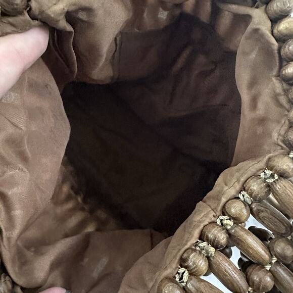 Vintage Wood Beaded Shoulder Bag Purse Brown Boho Tropical Small Festival - Picture 6 of 6